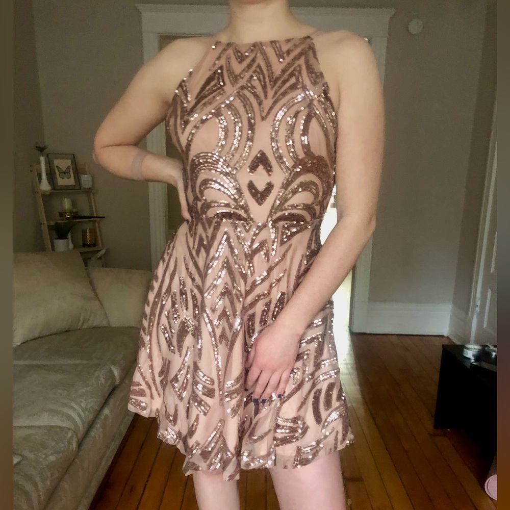 Rose gold Sequin Backless Halter Mini Dress